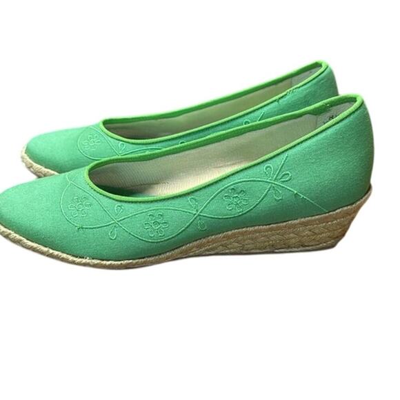 Vintage Beacon Kelly‎ Green Embroidered Canvas Wedge Espadrilles Size 8.5W - Picture 5 of 10
